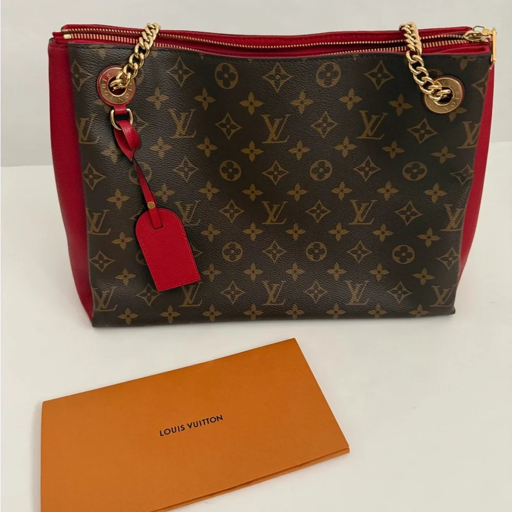 RARE Louis Vuitton Red and Brown Monogram Chain Shoulder Bag Leather Trim - Picture 13 of 16